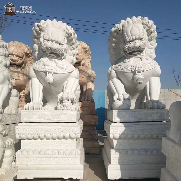 Good Luck Entrance White Natural Marble Chinese Foo Dog Lion Statue