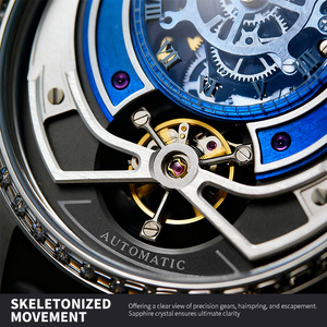 Montres mécaniques automatiques à balancier décentré, cadran bleu, lunette en cristal, acier inoxydable, logo personnalisé, OEM ODM pour hommes - Product Image 3