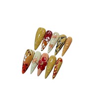 Faux Ongles Press-On Faits Main de Luxe, Longs Stiletto, 10 Pièces, Motif Feuille d'Érable Automne et Fleur 3D, Vente en Gros