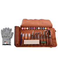 Ensemble d'outils de sculpture sur bois de 20 pièces plaqué titane de qualité supérieure, manches en bois de noyer, emballage en boîte en cuir, outils de gravure sur bois