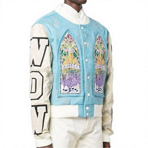 Veste en cuir patchwork personnalisée, patchs brodés, style vintage, lettreman, baseball, bomber, varsity, décontractée, doublure en polaire, devant - Product Image 1