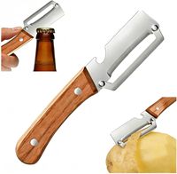 Éplucheur multifonctionnel 2-en-1 en acier inoxydable pour fruits et légumes avec manche en bois et ouvre-bouteille pour fruits, pommes de terre, citrouilles