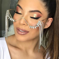 Nouvelle Arrivée Monture de Lunettes Optiques Demi-Métalliques en Forme de W pour Femme, Tendance, Sans Verres, avec Chaîne en Cristal et Strass Éblouissants