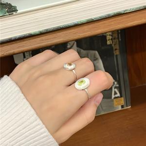 Bague Waltz en argent sterling S925, design rétro, disque vert olive superposé, pierre précieuse, bague brossée tendance - Product Image 2