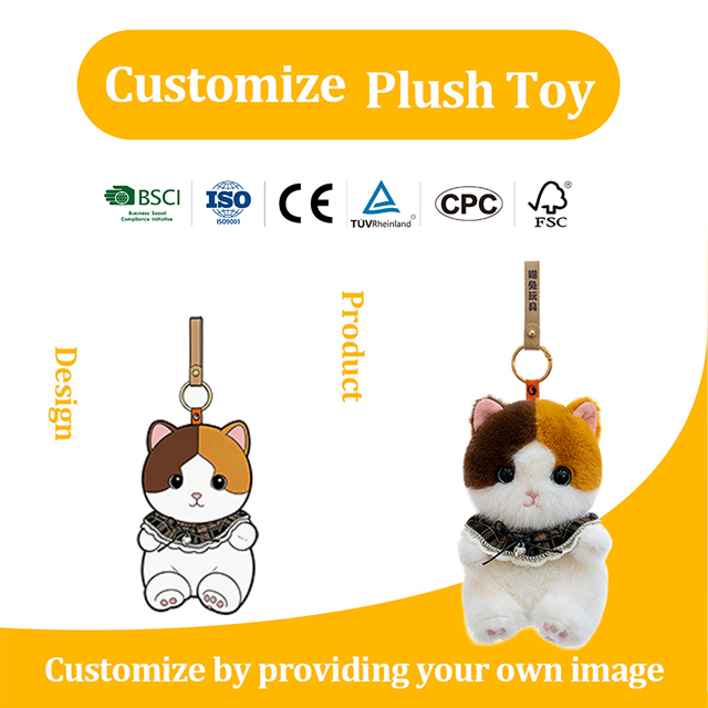Custom OEM Cat Stuffed Animal Keychain with Logo Leather Strap, Design-to-Product Mascot for Brand Merchandise