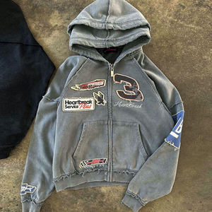 맞춤형 스티치 아플리케 디스트레스드 자수 스톤 워싱 DTG 프린트 오버사이즈 더블 후드 집업 후디 - Product Image 1