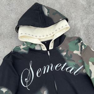 เสื้อฮู้ดดี้แบบมีซิปคู่ 500gsm สไตล์สตรีทแวร์ ประดับคริสตัล ฮู้ดคู่ ผ้าฝ้ายลายพราง ทรงโอเวอร์ไซส์ - Product Image 3