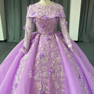 Lsany297 Gorgeous Purple Long Sleeve Folded Collar 3D Floral Leaf Applique Glitter Ball Gown <b>Quinceanera</b> <b>Dress</b> Jancember - Product Image 4