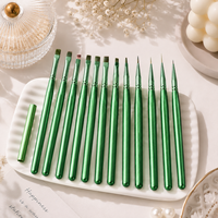 Fournitures professionnelles pour ongles, ensemble de 12 pinceaux à ongles en bois vert avec capuchons de protection en métal pour salon de beauté