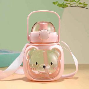 Cute Bear Kids Water Bottle With Strap Push Button Cap <b>Plastic</b> <b>Drinkware</b> For Travel Hiking Bpa Free - Product Image 6