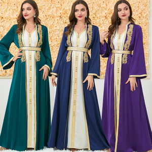2026 Neuerscheinung Luxuriöses Goldbesticktes Baumwollsatin Leichtes Vierwege-Stretch Maxikleid Damen V-Ausschnitt Langarm Formell - Product Image 1