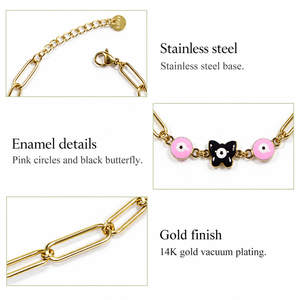 สร้อยข้อมือแบบคลิปหนีบกระดาษรูปผีเสื้อเคลือบเงา ชุบทอง 14K สีชมพูและดำ - Product Image 4