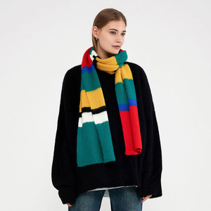 Colorblock Striped Faux Cashmere Scarf Mohair Texture Thick Warm Winter Women <b>Neck</b> <b>Warmer</b> Muffler Pashmina Shawls Wraps - Product Image 1
