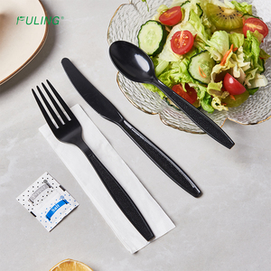 FULING 6 In1 Ensemble de couverts jetables <span class=keywords><strong>PS</strong></span> en plastique lourd Fourchettes et cuillère personnalisées Kit de couteau enveloppé avec une serviette sel poivre - Product Image 6