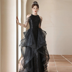Black Evening Gown Women Halter Neck Empire Waist Asymmetric Tulle Long Dress Coming Of Age Ceremony 830 - Product Image 1
