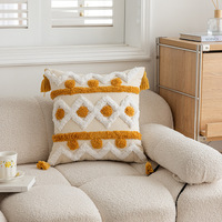Housse de coussin bohème en toile tuftée brodée en 3D avec pompons pour canapé de salon