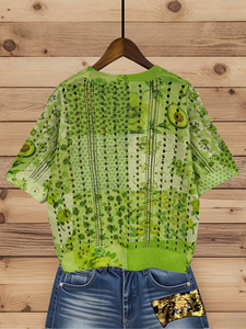 Cardigan en tricot pointelle vert avocat pour femme, collection été 2026, pull court imprimé à col en V ajouré 100 % polyester - Product Image 6
