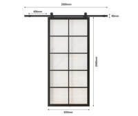 Porte en verre moderne de 36x84 pouces avec cadre en métal et quincaillerie coulissante montée sur le dessus pour la décoration intérieure de la chambre à coucher