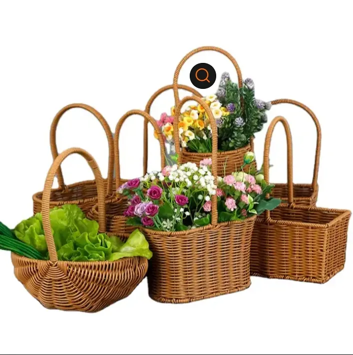 Nova Chegada Desconto Atacado Grande Parede Pendurado Presente Frutas Easter Egg Vime Cestas Com Alças Plastic Rattan Flower Basket