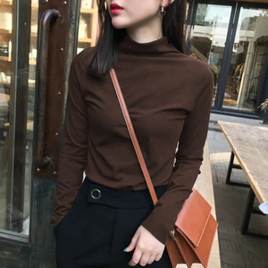 Women's Knit <b>Tops</b> Solid Color Long Sleeve High Neck Base <b>Layer</b> Soft Polyester T-Shirt Autumn Winter Warm Innerwear - Product Image 1