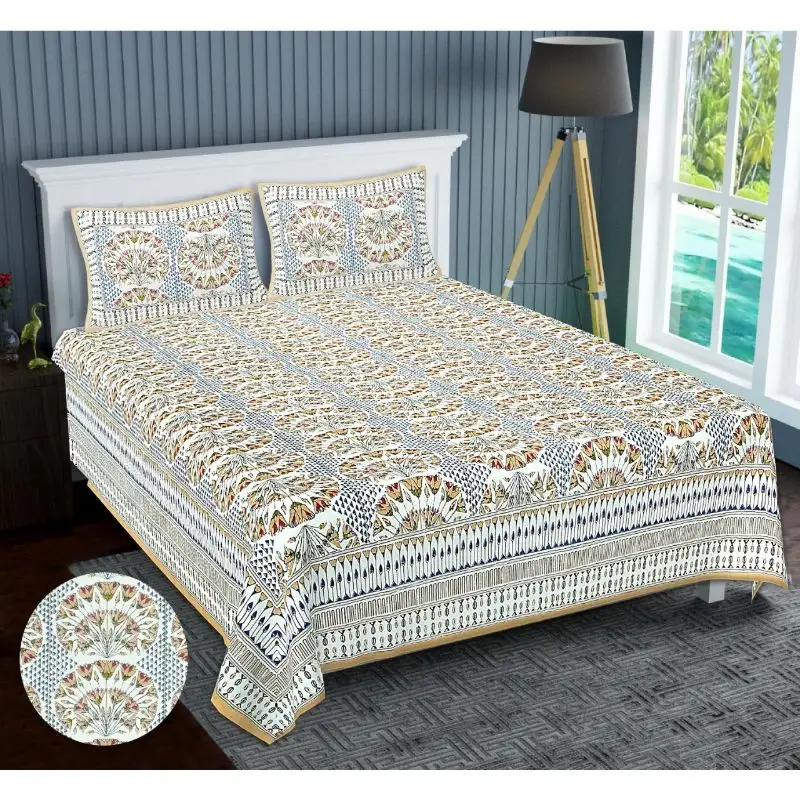 New Indian Sanganeri Printed Bedding Set 100% Soft Cotton King Size Bedsheet with 2 Pillow Covers Double Bed Set