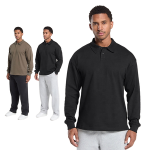 Polo à manches longues pour homme, couleur unie, tricot en coton, design décontracté et respirant, noir, olive, gris - Product Image 1