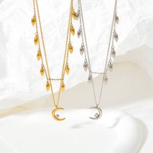 Collar con colgante en forma de lágrima y Luna chapado en oro de 18 quilates, borla, capas dobles multicapa para bodas con piedra principal de circón - Product Image 4