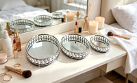 Ensemble de 3 plateaux décoratifs en cristal miroir, cadre en métal doré/argenté, plateau rond pour bougies, cosmétiques, décoration de table de mariage