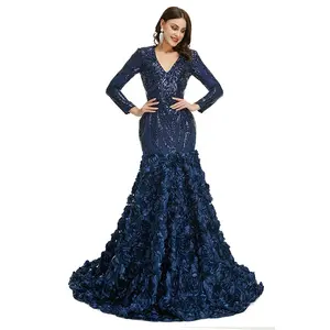 Hot Bán Phụ Nữ Ăn Mặc V Cổ Dài Tay Áo Màu Xanh Hải Quân Sequin Ren Nàng Tiên Cá Mô Hình Rosettes Váy Evening Dresses