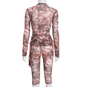 Viviblook J25ST454 Ensemble décontracté pour femmes, imprimé floral sexy, design patchwork, t-shirt à manches longues sans bretelles, pantalon court, ensemble 2 pièces - Product Image 6