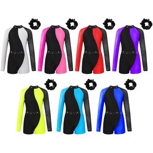Enfants filles à manches longues col montant contraste couleur fermeture éclair dos combinaison cheveux cravate chapeaux gymnastique patinage danse <span class=keywords><strong>tenue</strong></span> - Product Image 2