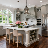 Ensemble d'armoires de cuisine de style américain de luxe en gris clair sur mesure, avec un grand îlot central et un plan de travail en quartz