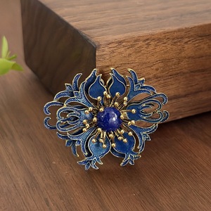 Broche Cloisonné Orientale Artisanale de Luxe en Lapis-Lazuli Naturel, Bijou Floral, Cadeau de Fiançailles, Mariage - Product Image 3