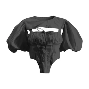 Oudina conjunto blusas curtas irregular, duas peças, suspensório, blusas em massa, top cropped feminino