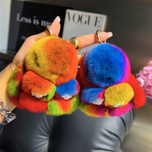 Mới đến thỏ Keychain Vòng Fluffy lông thú thật pompon Bunny đính móc chìa khóa món quà quyến rũ dễ thương vòng chìa khóa trên túi chìa khóa xe Mặt dây chuyền - Product Image 2