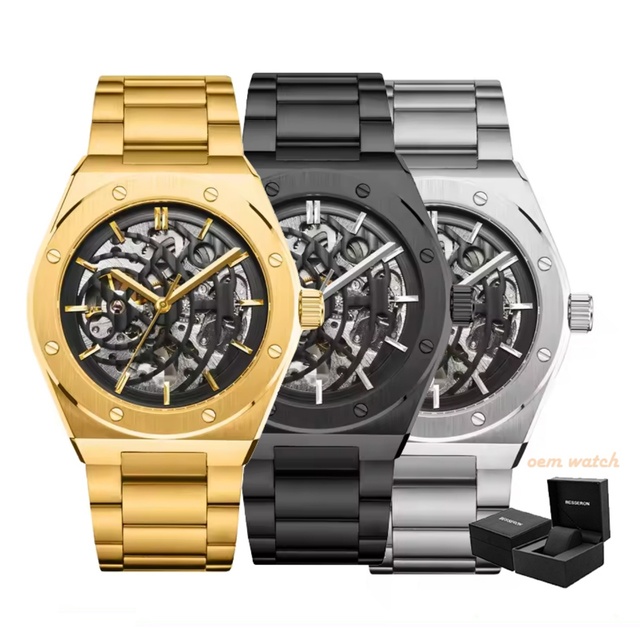 New Design Hot Custom Logo Mens Stainless Steel Automatic Mechanical Watch Chronograph Crocodile Strap Glass 42mm Luxury Gift