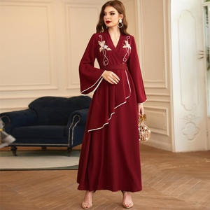 SIPO Layered Burgundy <b>Hair</b> Ball Pearl Diamond Long Sleeve Dress Middle East Ethnic Clothing Chemical Fiber <b>Blended</b> Beading Abaya - Product Image 3