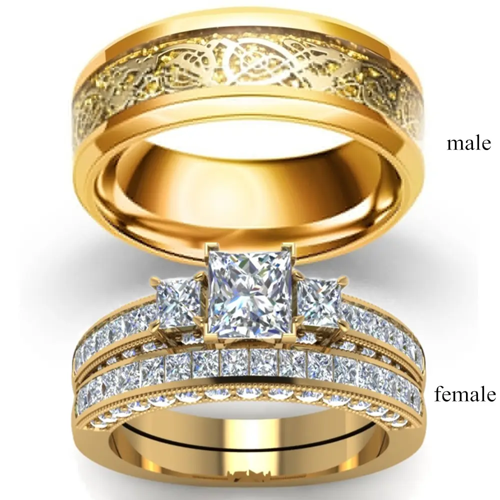 2 개 18k 골드 플레이트 크리스탈 스퀘어 큐빅 지르코니아 약혼 결혼 반지 드래곤 디자인 스테인레스 스틸 커플 링 세트