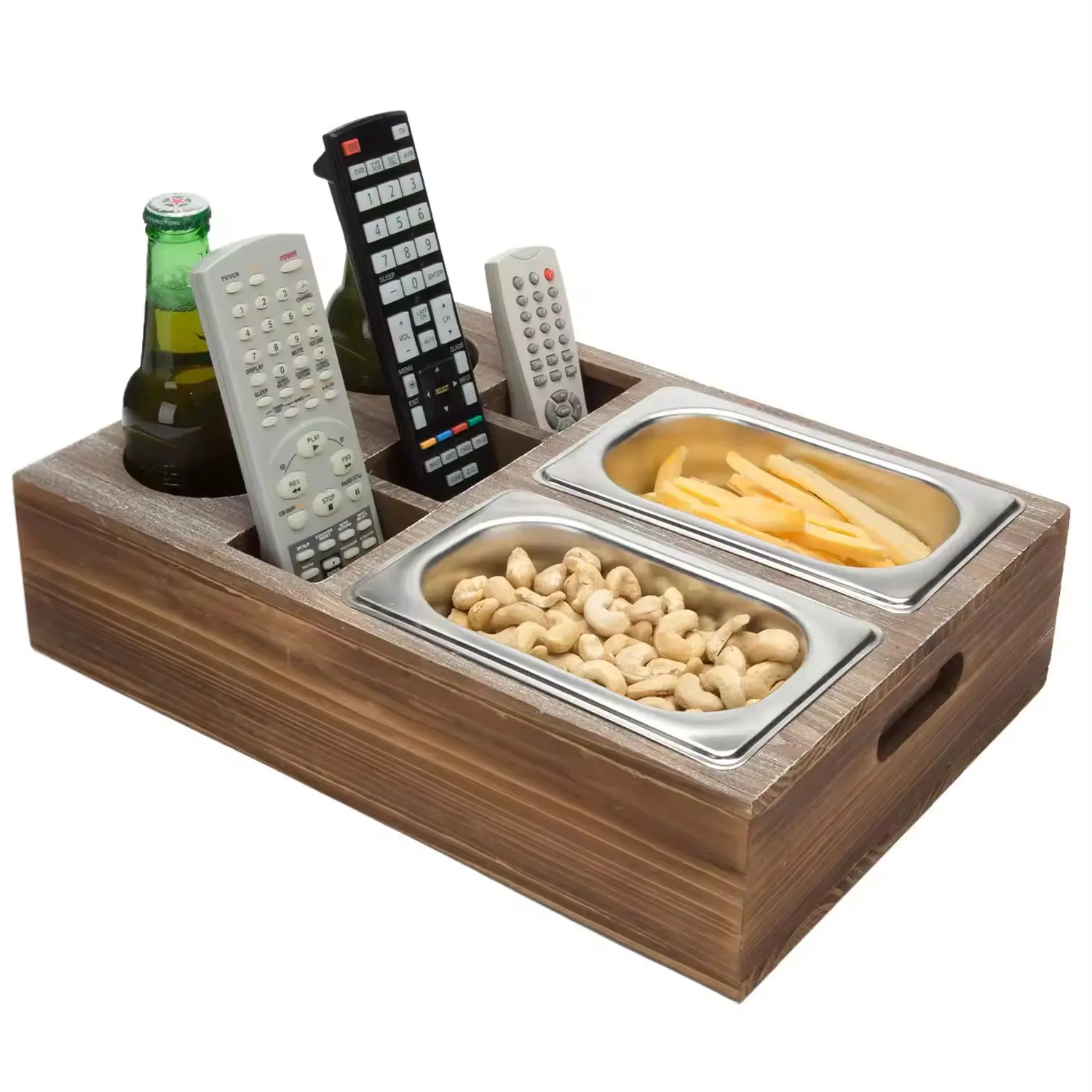 Hot Sales Wooden Sofa Tray 2 Drink Cup Holders 3 Remote Control Holder Slots Rustic Brown Wood Couch Snack Caddy Tray