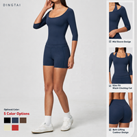 Halbarm-Shorts-Set für Damen Taillenschnürendes Slim-Fit-Gym-Outfit Pullover Crop-Top Po-Formend Schnelltrocknend Atmungsaktiv 2-teilig