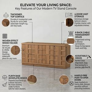 Modern Farmhouse Woven Pattern up Doors TV Board Large Storage Sideboard Media Center Cupboard Unit Walnut Wood - Product Image 2
