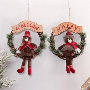 Adorable Corona Navideña de 2 Piezas con Reno de Peluche, Decoración Hecha a Mano para la Puerta Principal en Invierno - Product Image 1
