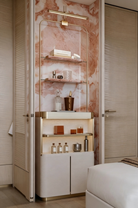 Modern Bar Cabinet with Marble Top and Brass Accents, Freestanding Storage <b>Unit</b> with Illuminated <b>Shelves</b> and Slab Doors - Product Image 6