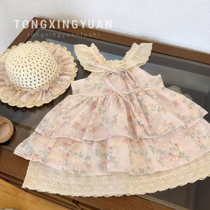 Cherry Blossom Floral Dress For Girls Pink With Hat Halter Neck Cotton Summer Dress Flower Girl Dress - Product Image 1