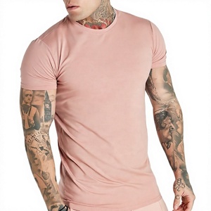 เสื้อยืดคอกลมแขนสั้นทรงเข้ารูปสำหรับผู้ชาย สีชมพู ผ้าถัก ดีไซน์เรียบง่าย สีพื้น - Product Image 1