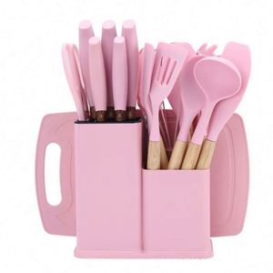 19 Pcs Silicone <b>Kitchen</b> Utensil Set With Wooden Handle Cooking <b>Tools</b> Knife Cuttings Board Storage Bucket <b>Kitchen</b> <b>Gadgets</b> Set - Product Image 1