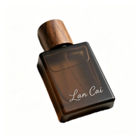 Flacon de parfum carré en verre ambré de 50 ml, givré, rechargeable, avec bouchon en bois naturel pour emballage cosmétique