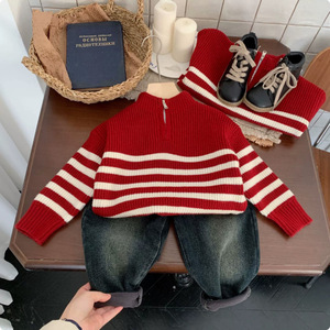 Tongxingyuan Childrens Sweater Red White Stripes Zipper Thick Cotton Winter Boys Knit Top New Year Outfit - Product Image 3