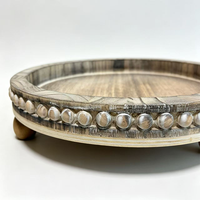 Plateau de service rond en bois avec perles, plateau décoratif rustique en bois pour table basse, centre de table, ottoman, plateaux circulaires style ferme