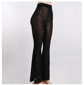Moda <span class=keywords><strong>donna</strong></span> Sexy trasparente tinta unita Glitter lucido sottile vita alta <span class=keywords><strong>pantaloni</strong></span> svasati maglia trasparente <span class=keywords><strong>pantaloni</strong></span> da spiaggia Pantalon - Product Image 6
